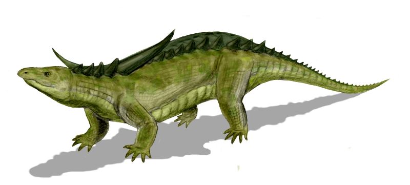 Life reconstruction of *Desmatosuchus*, a green, quadrupedal aetosaur from the Late Triassic, shown with a broad body, heavy armour along its back, and prominent shoulder spikes for defence.