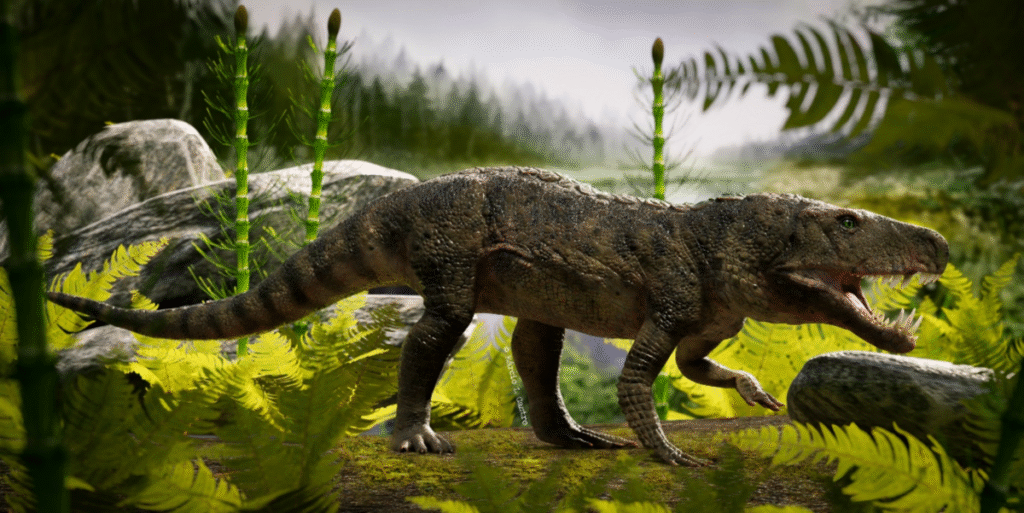Digital reconstruction of *Dynamosuchus*, a Triassic pseudosuchian, walking through a lush prehistoric forest with dense ferns, horsetails, and large rocks, its mouth open in a dynamic, alert pose.