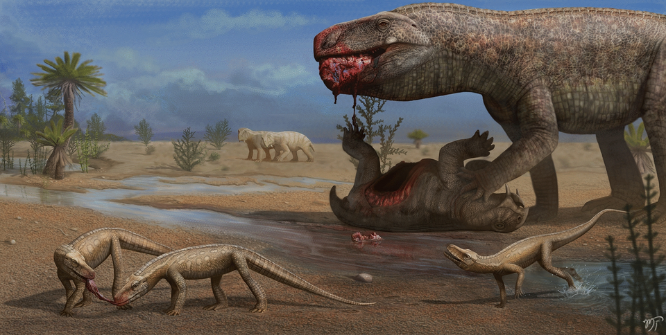 Illustration of a Late Triassic scene featuring the large rauisuchian Prestosuchus feeding on the carcass of a dicynodont, while smaller Parvosuchus scavenge nearby. The setting is a semi-arid floodplain with scattered vegetation and distant dicynodonts in the background.