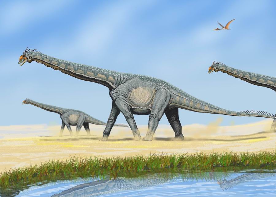 Three Alamosaurus walking in a mostly desert environment, causing small dust clouds. A small grass-lined pond is in the foreground and a line pterosaur soars the skies.