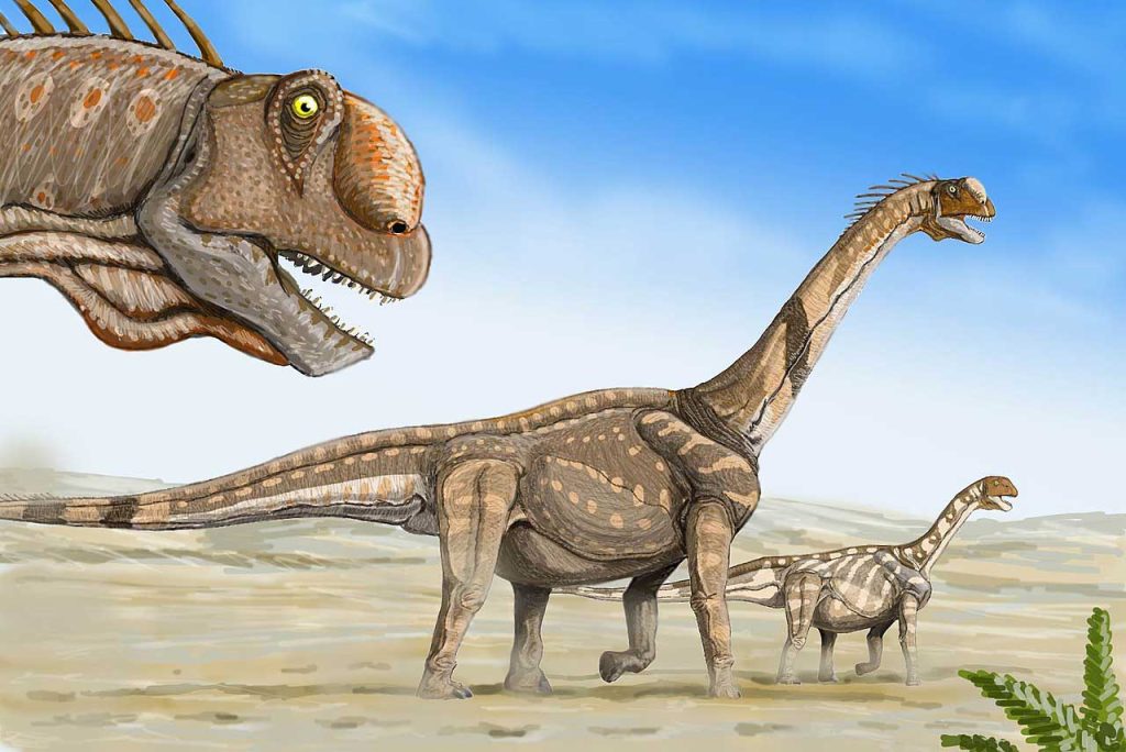 Three Camarasauruses in a desert setting.