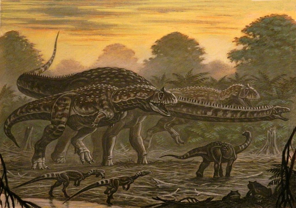 Two Majungasaurus chasing Rapetosaurus, with Masiakasaurus in the foreground. Forrest setting and the sun looks to be waking or setting.