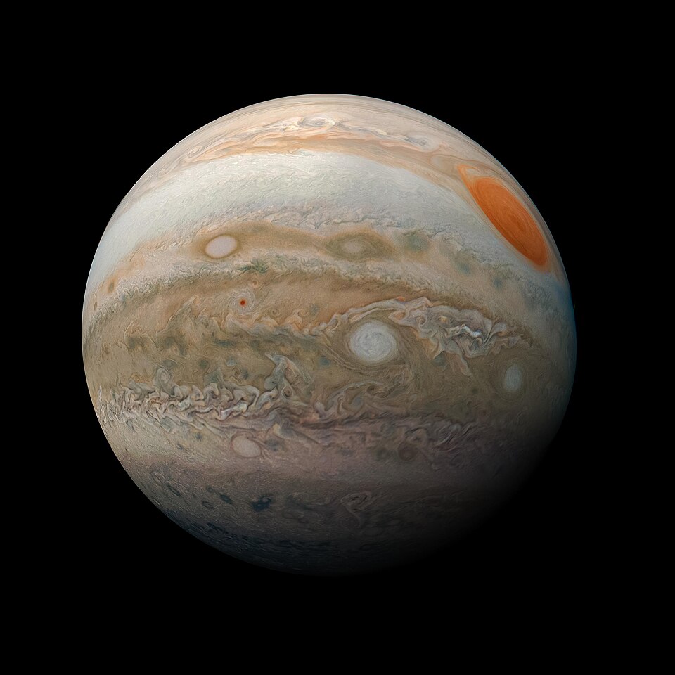 Jupiter showing its colourful cloud bands and the Great Red Spot.