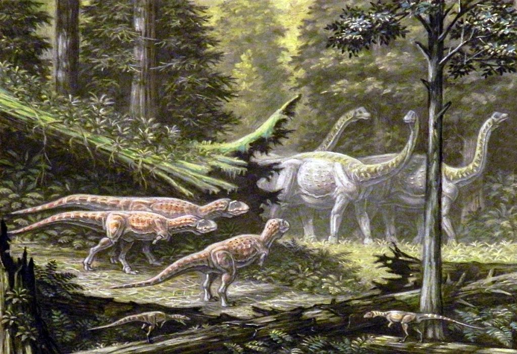 Saltasaurus herd passes by abelisaurids and Noasaurus in a dense forrest environment.