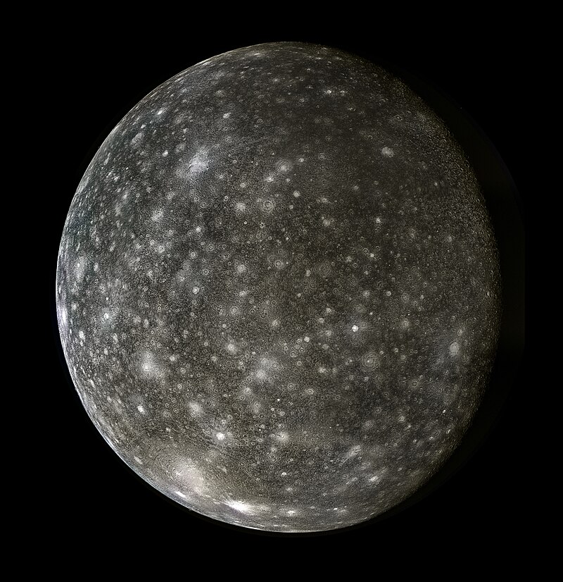 Callisto, Jupiter’s heavily cratered moon, with a mottled surface of bright and dark regions.