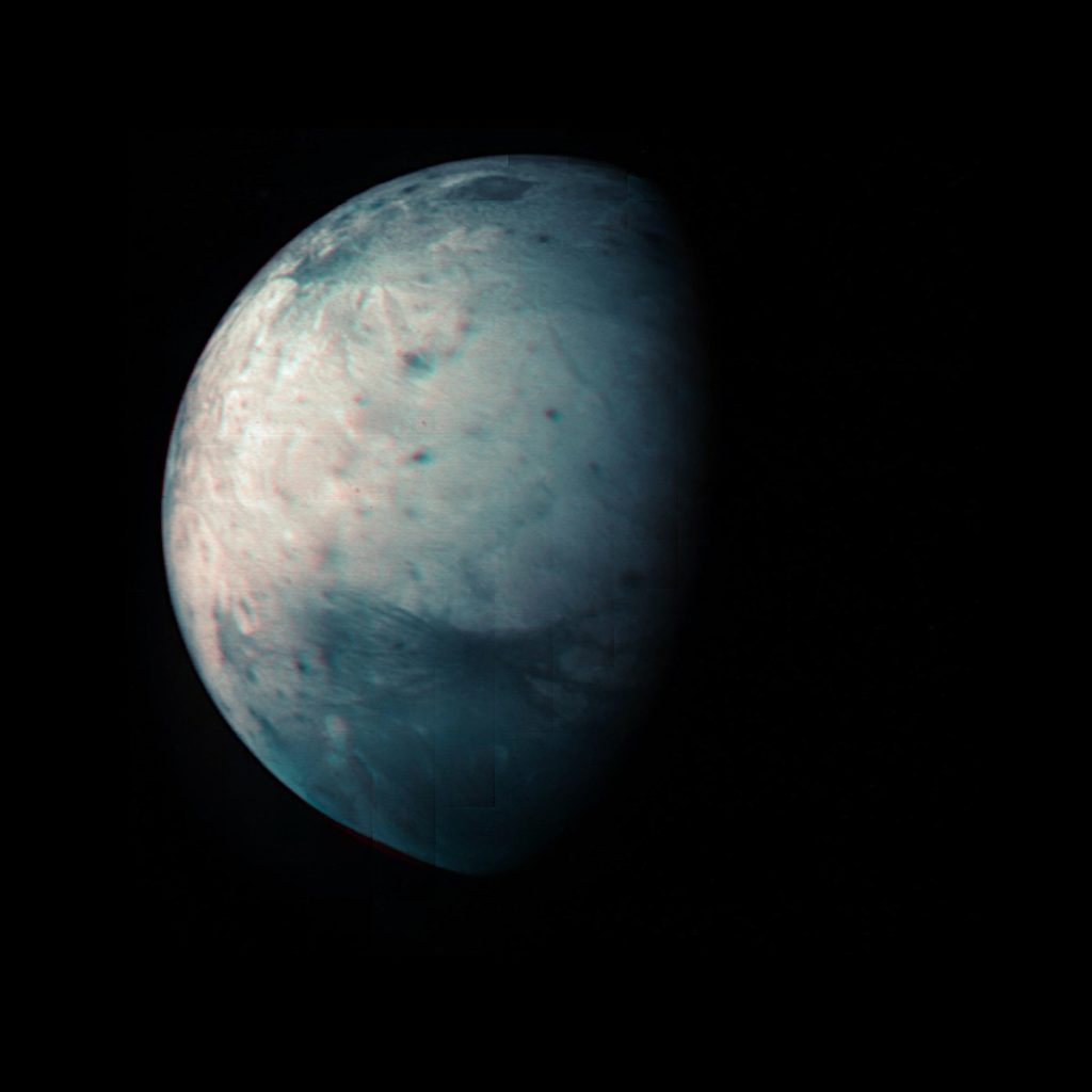 Infrared view of Ganymede, providing information on Ganymede's icy shell and the composition of the ocean of liquid water beneath.