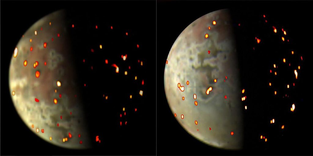 Volcanic activity on Io, generated using both visible light and infrared data collected by NASA's Juno spacecraft during flybys.