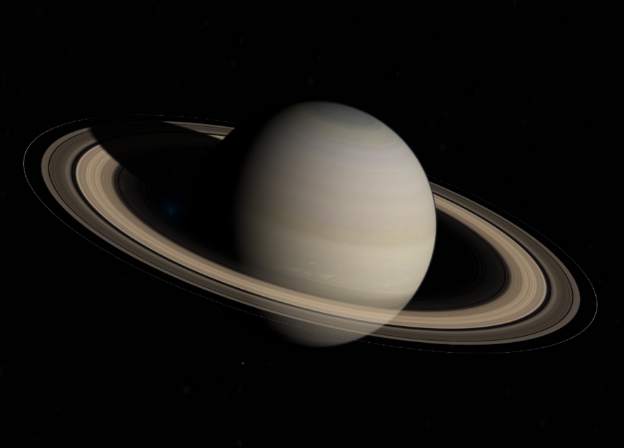 Saturn with its iconic rings, showing banded cloud layers and subtle atmospheric details. The planet is slightly angled in the image.