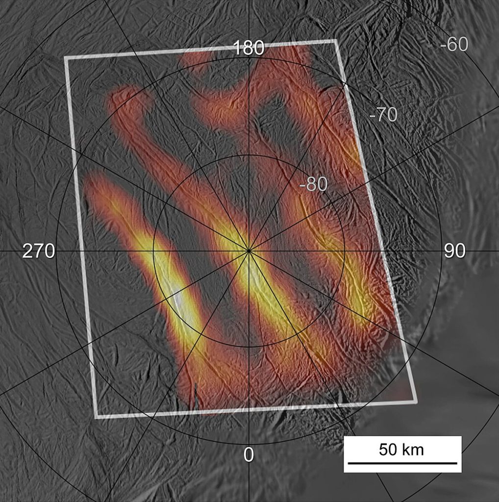 Thermal map of Enceladus's south polar region showing the tiger stripe fractures in false color, with bright yellow and red indicating warmer temperatures where heat and geysers emerge from the subsurface ocean.